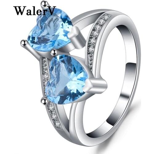 WalerV Engagement for Women Rings Multi Blue Heart Shape Crystal CZ Romantic Gift Fashion Jewelry Love Ring