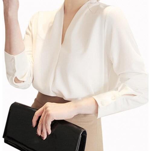 Women Summer Blouse Long Sleeve V-neck Shirts Solid Color All-matched Polyester Loose Office Lady Spring Chiffon Casual Shirt