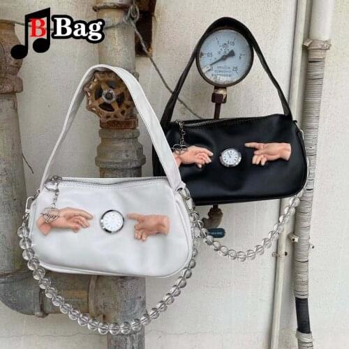 Harajuku Womens Hot Girl retro Handbag Y2K unique finger clock Underarm bag Female transparent pearl chain shoulder bag Tote