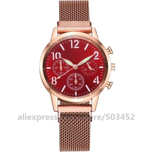 100pcs/lot Fashion Round Dial Magnetic Belt Quartz Lady Fake Three Eyes Wrist watches For Women Casual Clock Relojes Para Mujer