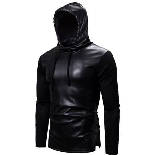 S-2Xl 2021 New Mens Pu Hoodies Sweatshirts Male Slim Fit Faux Leather Hoodies Coat Black Tops Hooded Pullovers