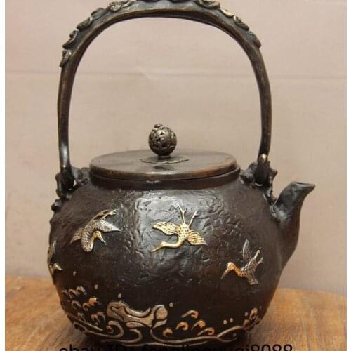 Archaic Japanese Iron Silver Gilt Sea Crane Portable Flagon Kettle Wine Tea Pot