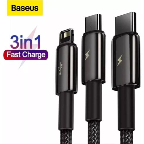 Baseus 3 in 1 USB Cable for iPhone Android Mobile Phone Fast Charging USB Type C Micro Cable Wire Cord USB Cable for Huawei