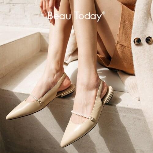 BeauToday Women Sandals Genuine Sheepskin Leather Pointed Toe Slingback String Bead Elegant ladies Flat Shoes Handmade 32269