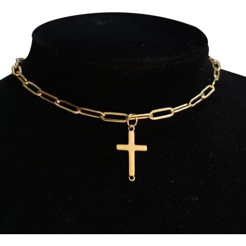 Punk Clavicle Choker Neck Chains For Women Gold Color Stainless Steel Key Lock Cross Pendant Necklaces Statement Party Jewelry