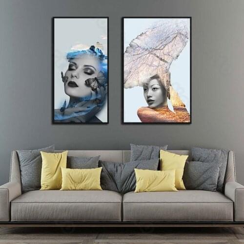 Modern Style Canvas Painting and Posters a Woman with Heavy Makeup and Blue Fluid a Woman Wearing Feather for Home Rooms Decorat