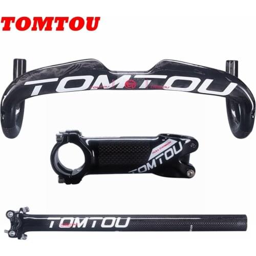 TOMTOU Bike Road Drop Bars Sets Carbon Fibre Handlebars + Stem + Breaking Wind Seatpost Bicycle Parts Glossy White - TS5T02