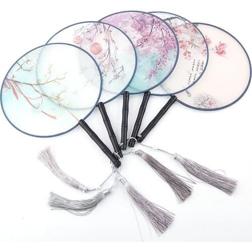 Chinese Style Round Fan With Wooden Handle Portable Printed Vintage Fan Dance Wedding Favors