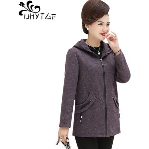 UHYTGF Hooded spring autumn woolen coats fashion mom plus size jacket Pure color wild elegant female wool coat abrigos mujer 284