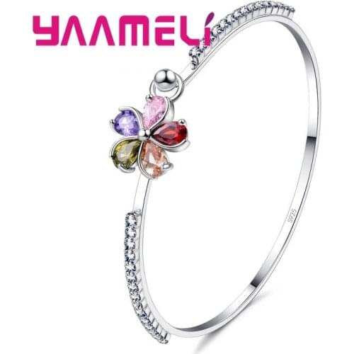 Summer Sale Nice Gift for Women Austrian Crystal Bangle Bracelets 925 Sterling Silver Flower Charms Wedding Jewelry