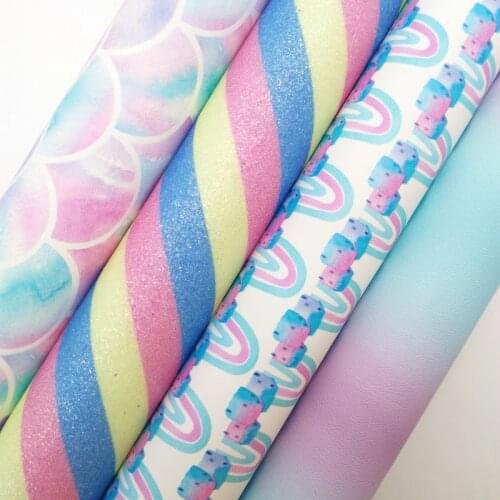 Twinkling Twinkling Stripes Glitter Fabric Leather Mermaid Rainbow Printed Synthetic Faux FabricFelt Backing 21X29CM KM584
