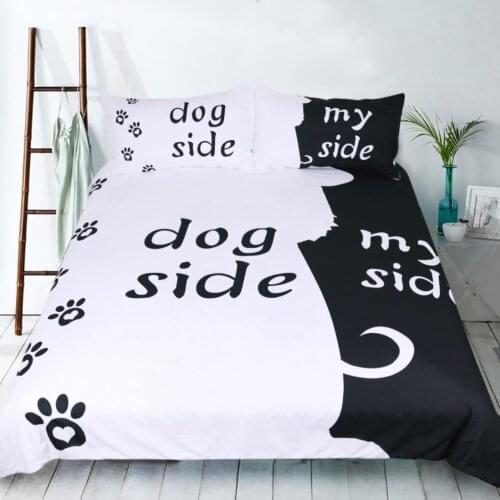 Cartoon Bedding Set for Adults Lovers Quilt Cover Set Dog Side and My Side Comforter Cover Pet Footprint Black White Bedclothes