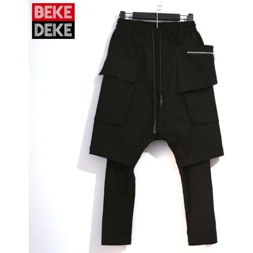 Mens New Hip Hop Solid Loose Fashion Casual Straight Pockets Black Calf-Length Cargo Harem Pants Male 2021 Autumn Korean Style