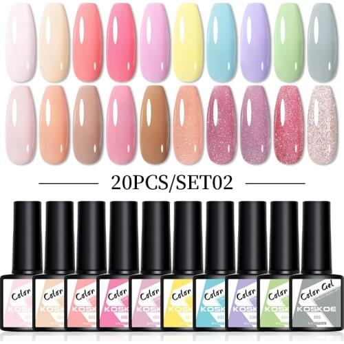 KOSKOE 20/10PCS Gel Nail Polish Set Glitter Mix Color Semi Permanent UV LED Nail Art Gel Manicures Kit Base Top Coat Needed
