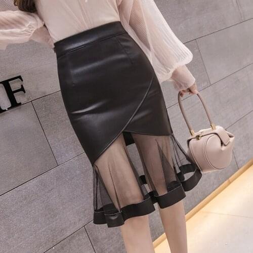 Autumn winter mesh stitching PU leather skirt women elegant bodycon pencil skirt ladies elastic irregular fishtail midi skirt
