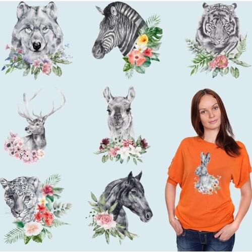 Animals and Flowers Giraffe deer Stickers on fabric Heat Transfer PVC Patch Applique on Clothes DIY Appliques