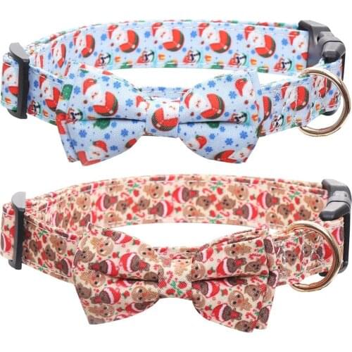 Christmas Dog Collar Adjustable with Cute Bow Tie Santa Claus Pattern Comfortable Durable Collar for Small/Medium/Large Dogs