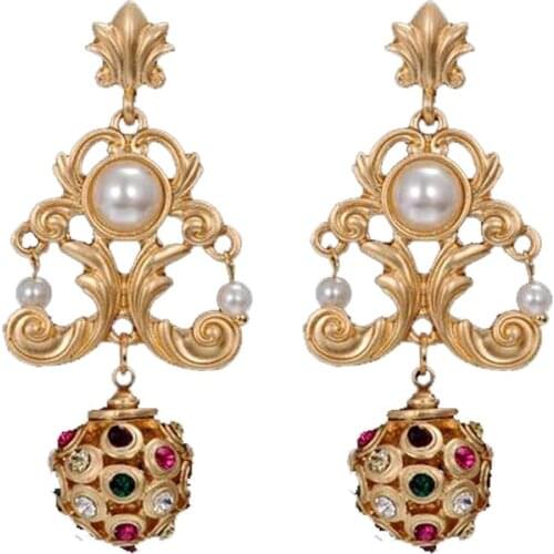 New Luxury Baroque Vintage Brand Retro Earring Colorful Rhinestone Ball Dangle Gold Statement Earrings bride Party Holiday
