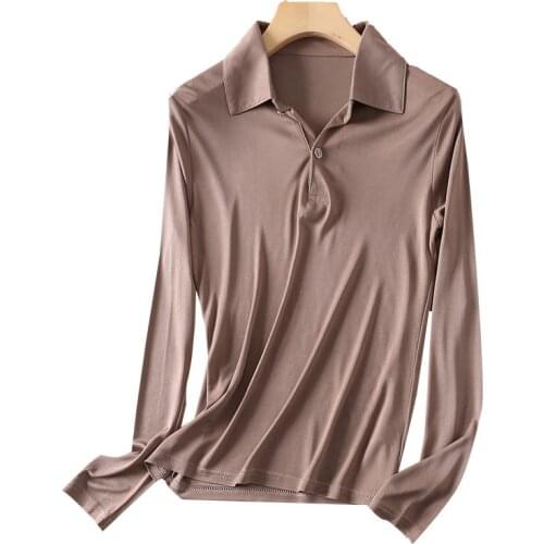 Silk polo shirt women Long sleeve shirts woemn Spring Autumn Knitted silk undershirt Elegant good quality woman blouse Plus size