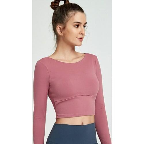 Padded Backless Yoga Gym Long Sleeved Crop Top Women Slim Fit Plain Workout Sport Shirts with Removable Chest Pads