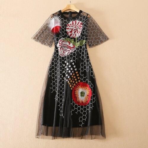European and American womens wear for spring 2021 Round neck with five-quarter sleeves Mesh cross stitch Fashion Black Dress