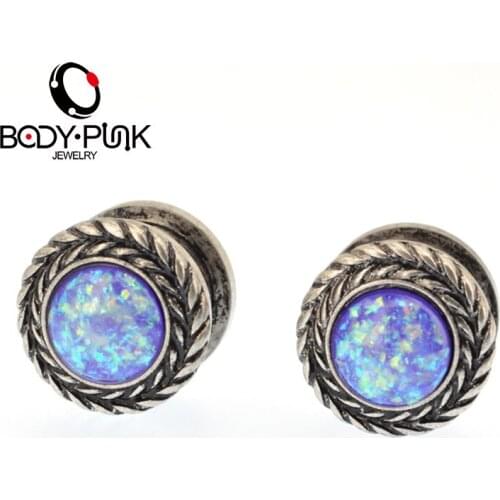 BODY PUNK Burnished Olive Branch Ear Plugs Purple Opal Stainless Steel Screw Fit Ear Expander Gauge 6-14 Body Jewelry Ear Tunnel