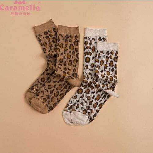 Caramella Leopard Printed Cotton Women Socks Ins Streetwear Hipster Girl Middle Length Cozy Socks Chaussette Femme Size 35-40