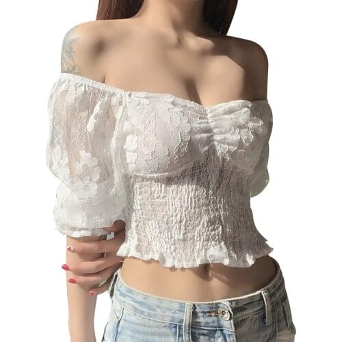 Women Fashion Lantern Sleeve Tops Stylish Lace See-through Tops for Shopping Gathering