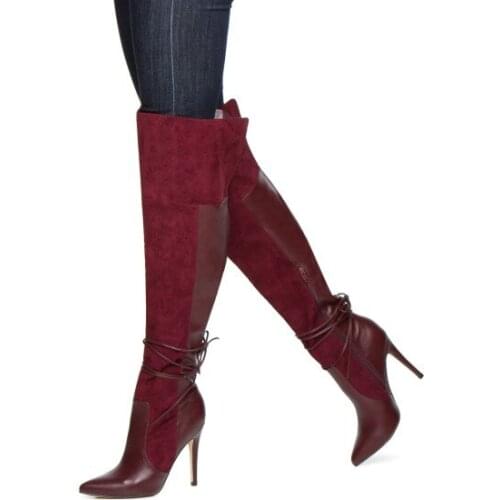 Womens Maroon Stiletto Boots Suede Pointed Toe Knee High Patchwork Narrow Strap Shoes Ladies Winter Fall Handmade Long Boots