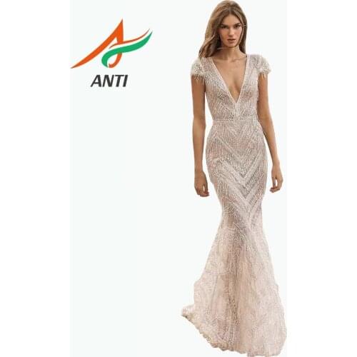 ANTI Dubai Elegant Silver Short Cap Latest Evening Dress Designs 2019 Backless V-Neck Beading Crystal Woman Long Robe De Soiree