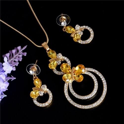 ZOSHI Fashion Butterfly Pendant 2pcs Jewelry Sets for Women Charming Rhinestone Round Dangle Earrings Necklace Set Gifts