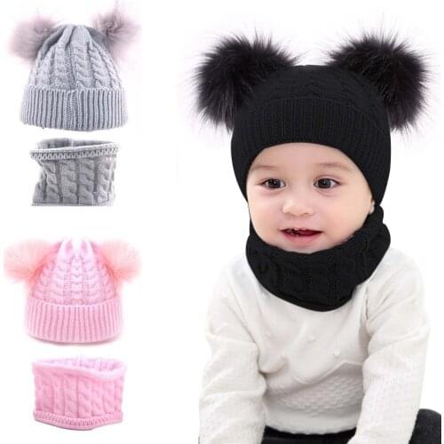 New Autumn and Winter Child Hat and Scarf Set Knitted Woolen Hats Warm Ear Protection Double Ball Hedging Cap and Scarf 2 Sets
