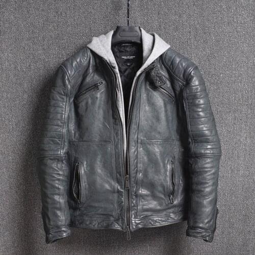 2019 mens hooded motorcycle leather jacket hat removable fashion gray winter leather coat men cotton liner stone wash