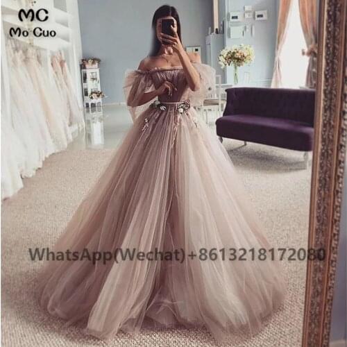 2021 Ball Gown Evening Dresses Long Prom Gown Cap Sleeves Tulle Appliques Flowers Dubai Saudi Arabic Evening Dress
