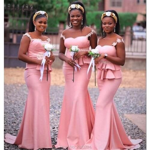 2021 Mermaid Black Girls Bridesmaid Dress Sheer Lace Cap Sleeves Wedding Events Gown African Bridesmaids Dresses