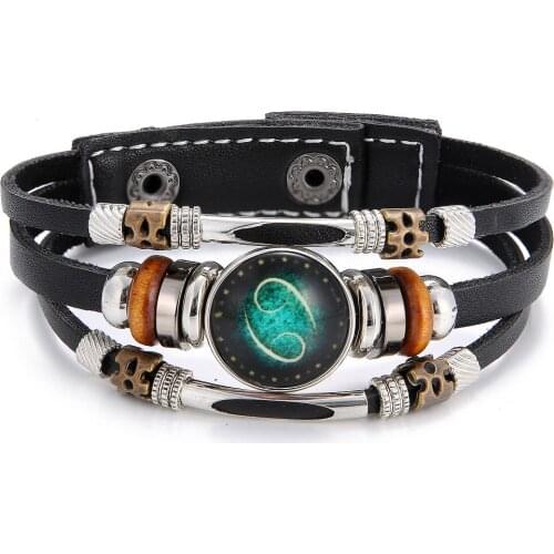 2021 Fashion Jewelry Multi-layer Weave Leather 12 Constellations Bracelet Charm Stainless Steel 12 Zodiac Bracelets for Women