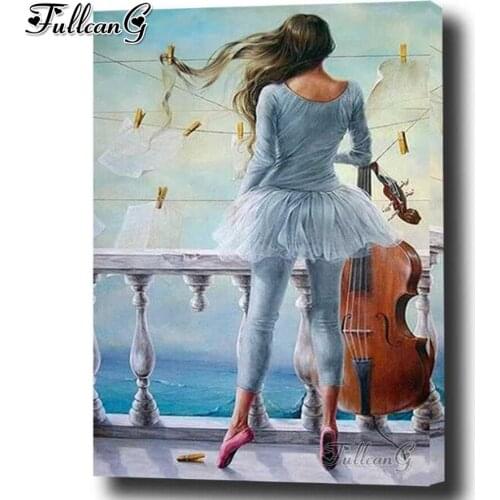 FULLCANG Violin beauty 5d diy diamond painting full square round drill rhinestone embroidery fantasy girl wall decoration FG0004