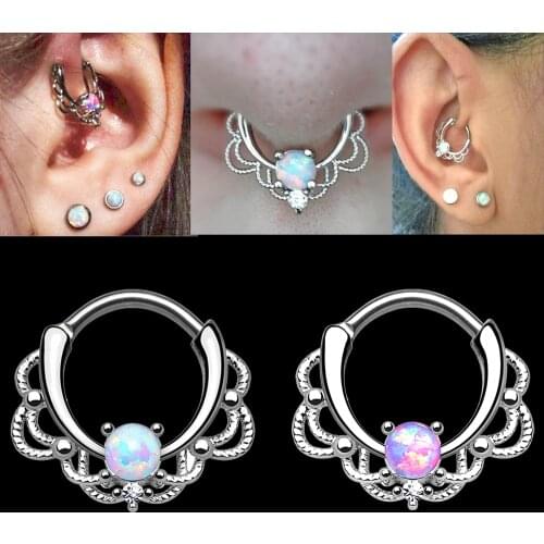 BOG-10PCS Titanium&Opal&Brass Lacey Opal Hinged Septum Clickers Nose Ring Nipple Lip Tragus Ear Cartilage Piercing Body jewelry
