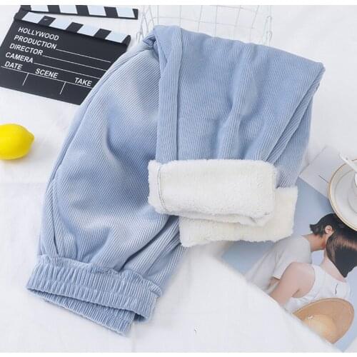 Women Corduroy Thick Pants Autumn Winter 2021 Casual Solid Fleece Inside Elastic Waist Harem Ankle-Length Pants Warm Trousers