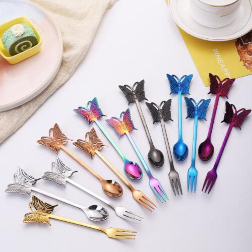 1Pc Stainless Steel Coffee Spoon Teaspoon Gold Plated Sugar Dessert Fruit Fork Mirror Polishing Butterfly Handle Dinnerware