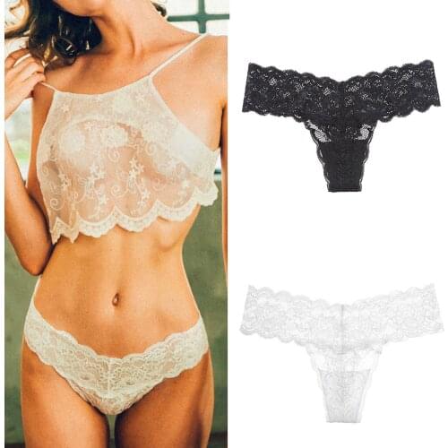 Women Lace Lingerie Temptation Low-waist Panties Embroidery Thong Transparent Hollow out Underwear Female H9