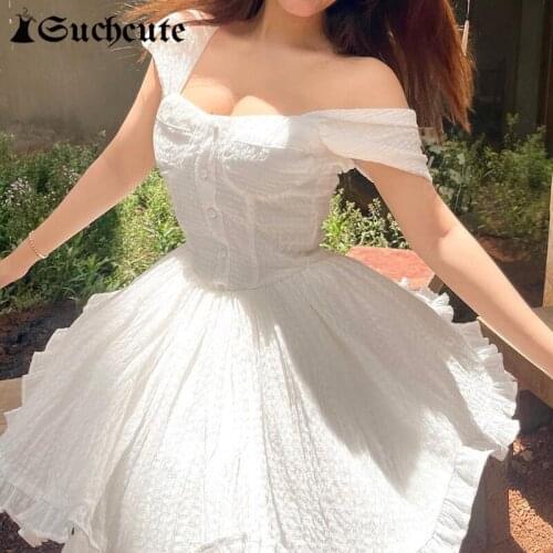 SUCHCUTE Elegant Fashion White Mini Dress Summer Casual Beach Vacation Wear A-Line Dress For Women Vintage Slim Evening Dress