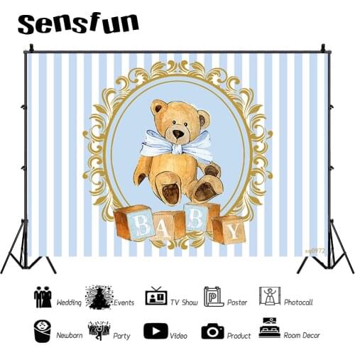 Blue White Striped Bear Boy Baby Shower Newborn Backdrop For Photography Kids 1st Birthday Party Photography Background Custom