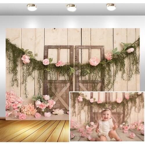 Pink Flower Newborn Baby Photography Backdrops Floral Wooden Door Photographic Studio Photo Background Birthday Decorations Prop