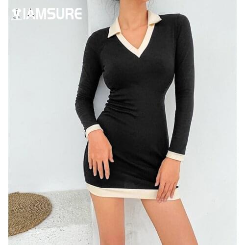 IAMSURE Cotton Basic Bodycon Dress Sexy Slim Long Sleeve Turn-Down Collar V-Neck Mini Dresses For Women 2021 Korean Style Ladies