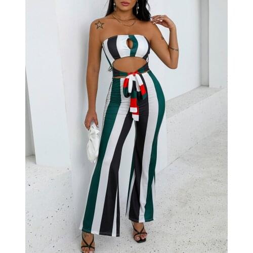 Summer Elegant Party Outfits Off Shoulder Striped Colorblock Cutout Sexy Ladies Bandage Jumpsuits Casual Boho Long Flare Pants