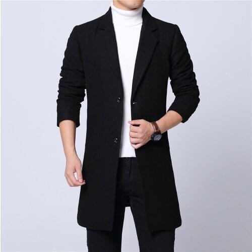 Mens winter long coat Melton woolen overcoats black thick trench drop shipping size M-6XL notch Smart casual brief full lining