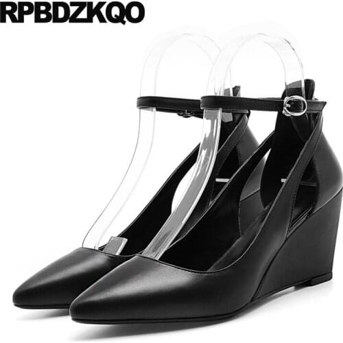 Pumps Ladies Ankle Strap Size 4 34 Handmade Genuine Leather Women Shoes Office Black 2018 3 Inch Wedge Pointed Toe High Heels