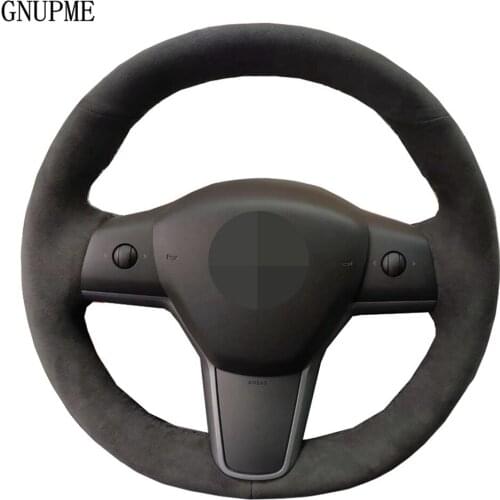 Car Steering Wheel Cover Hand-stitched Black Genuine Leather Suede Volant Braid Steering Wheel For Tesla Model 3 2017 2018 2019