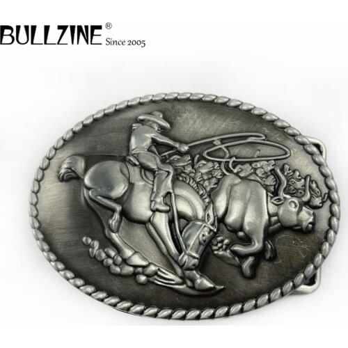 The Bullzine wholesale rodeo belt buckle with pewter finish FP-03574 for 4cm width snap on belt